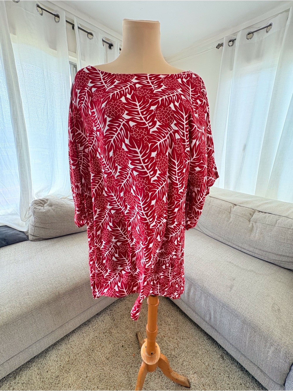 BNWT Lexbrezzy Women’s Red Tropical Print Mini Dress - Boat Neck Casual Shift